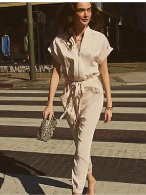 Express Light Cream Zip-Front Drawstring Jumpsuit